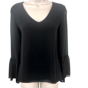 Banana Republic Black Bell Sleeve Top Sheer Lined Overlay V Neck